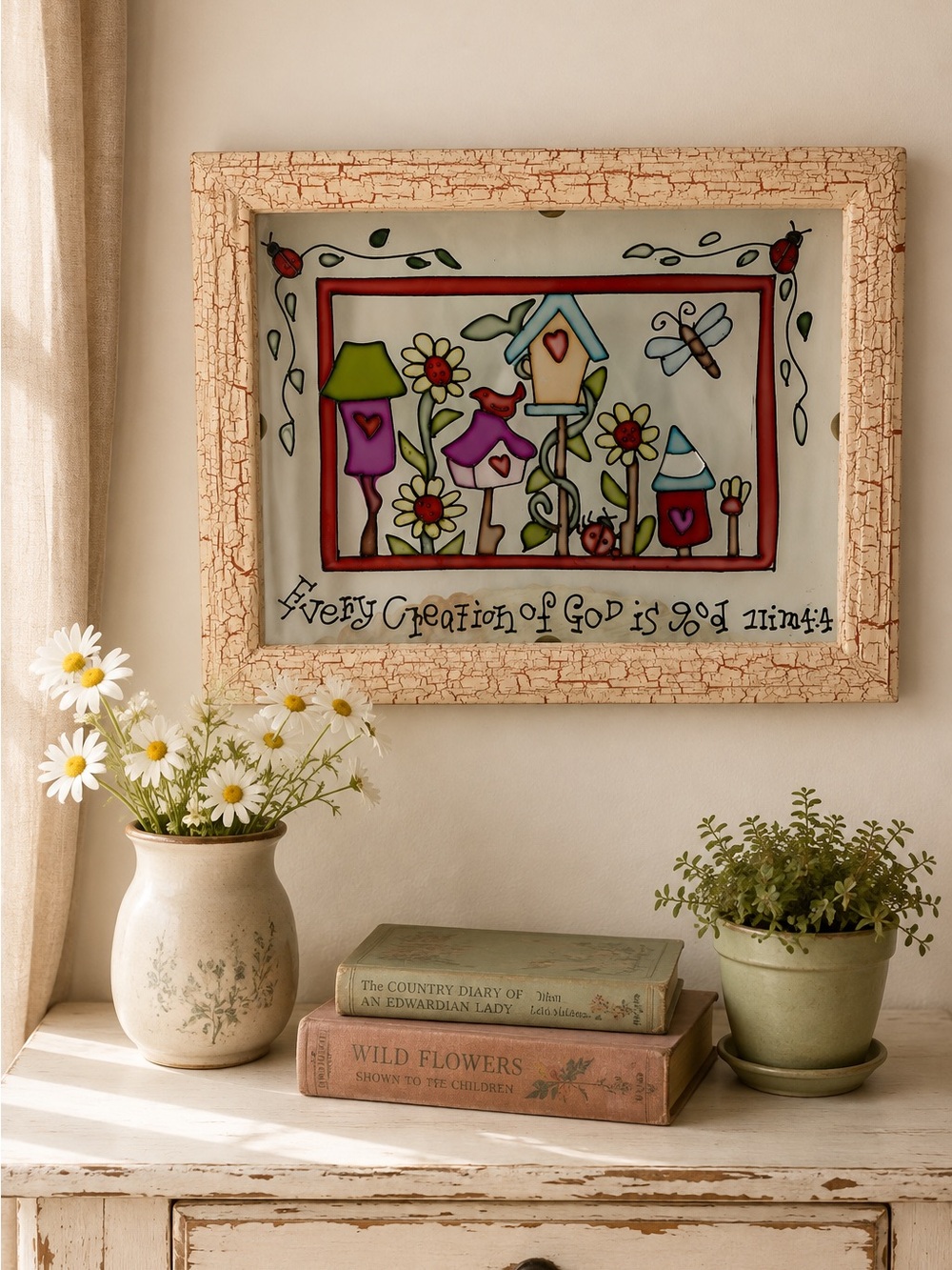 Hand-Painted stained glass Pink Floral Birdhouse Wall Art every creation of god